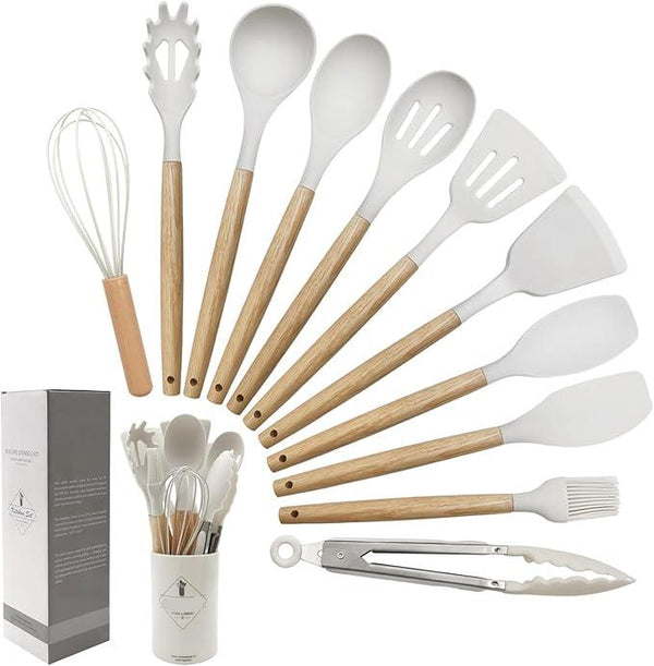 Vibrant Silicone Kitchen Utensil with Wooden Handles - 12Pcs Set