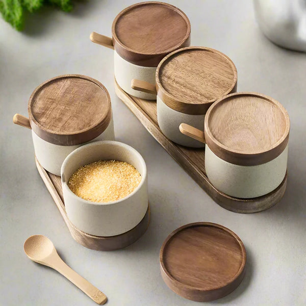 Retro Ceramic Seasoning Jar with Wooden Lid