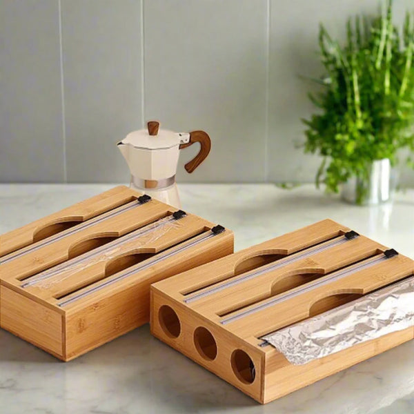 Multi-Functional Bamboo Wrap Dispenser – Includes Foil & Cling Film Cutter