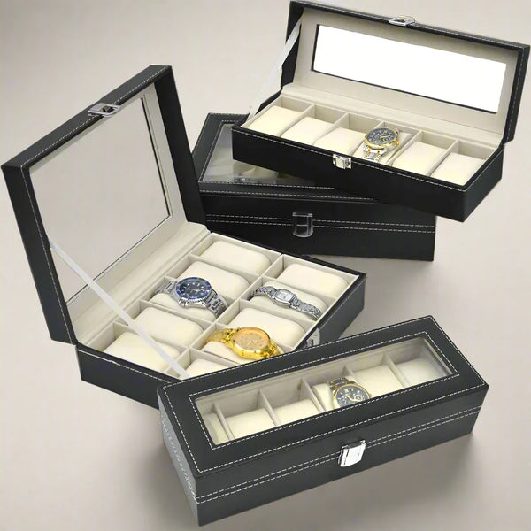 Elegant Watch Storage Box: PU Leather Design with Glass Top